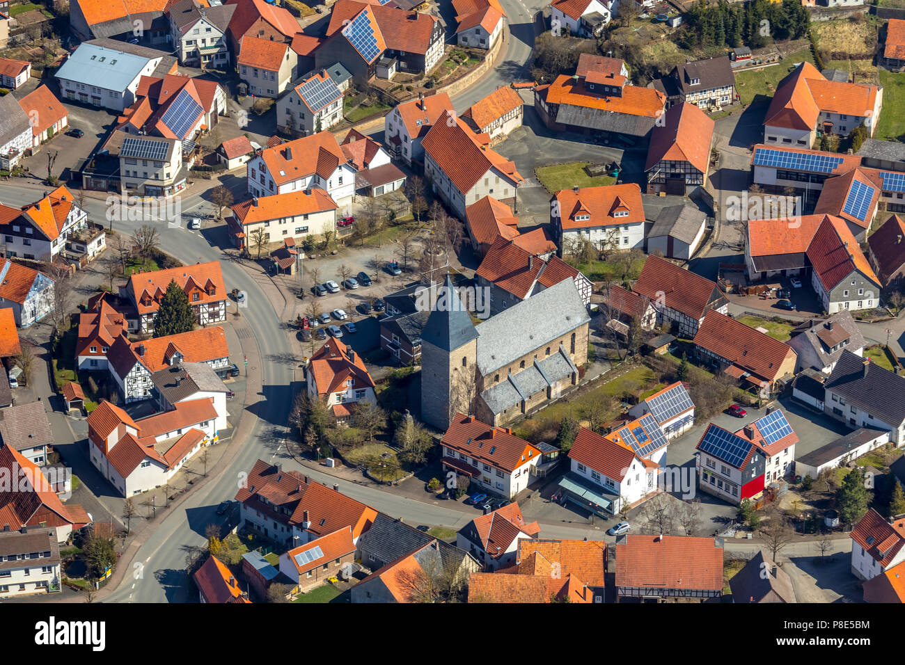 Aerial view, Town centre with fortified church Basilika St. Johannis, Adorf am Diemelsee, Hesse, North Hesse, Hesse, Germany Stock Photo