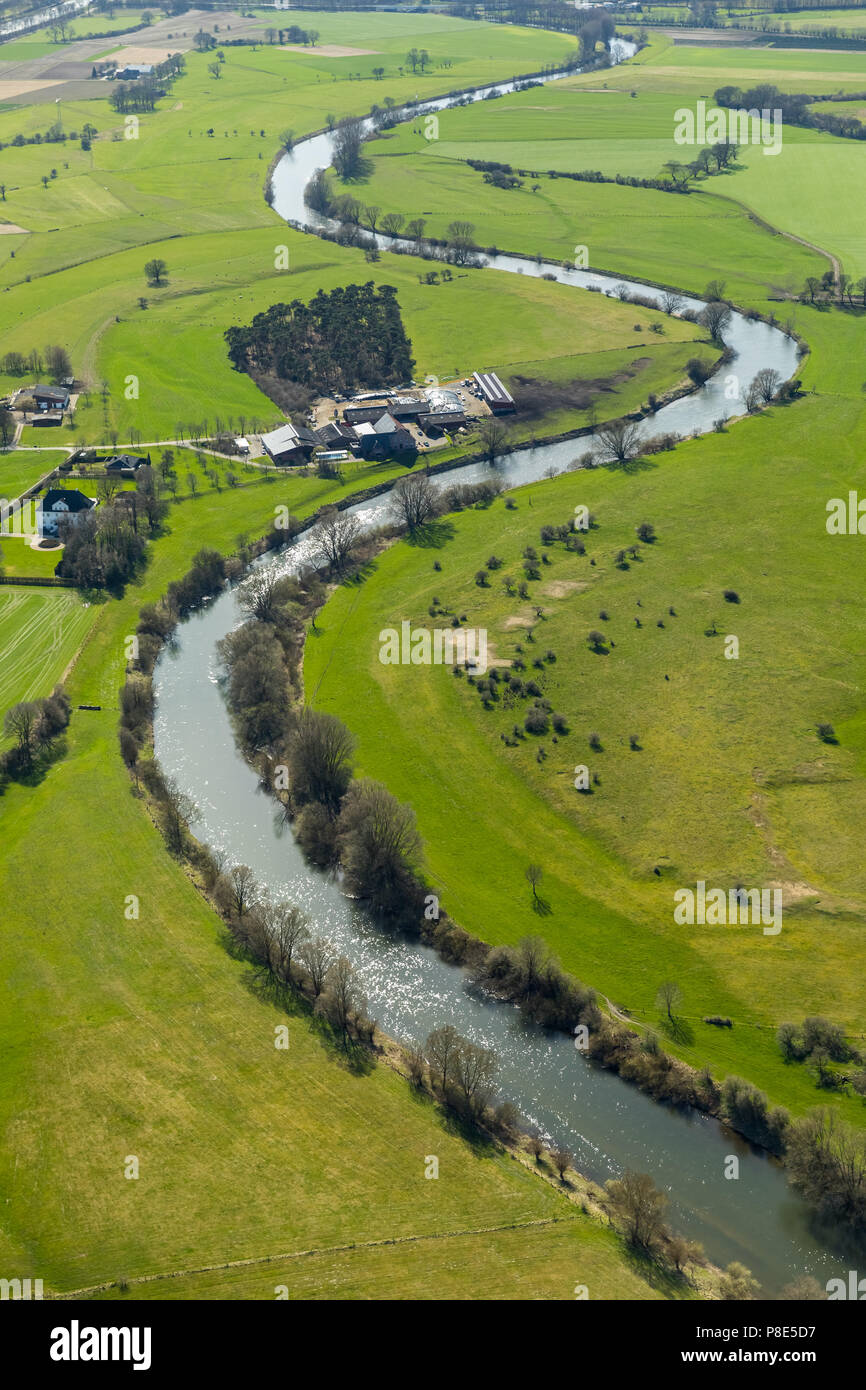 Aerial view, River Lippe between Schermbeck and Hünxe, Lippeaue, Lippemäander, Hünxe, Ruhr Area, North Rhine-Westphalia Stock Photo