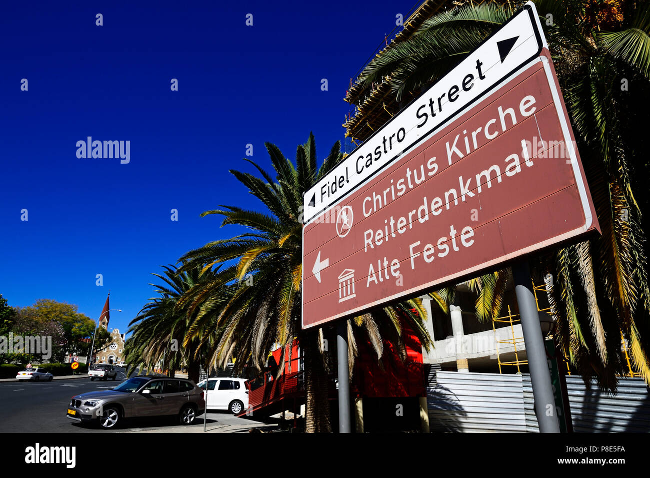 Sign Christ Church and Fidel Castro street with a view of the church, Windhoek, Namibia Stock Photo