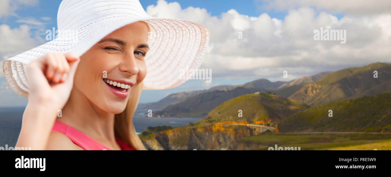Happy woman big hat hi-res stock photography and images - Alamy