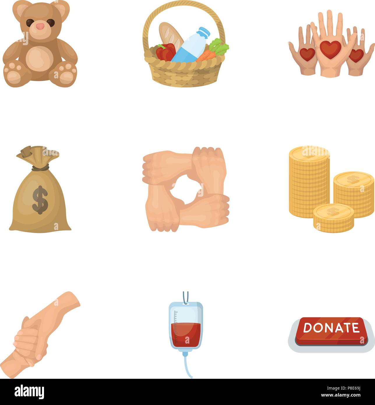 Charitable Foundation. Icons on helping people and donation.Charity and donation icon in set collection on cartoon style vector symbol stock web illus Stock Vector