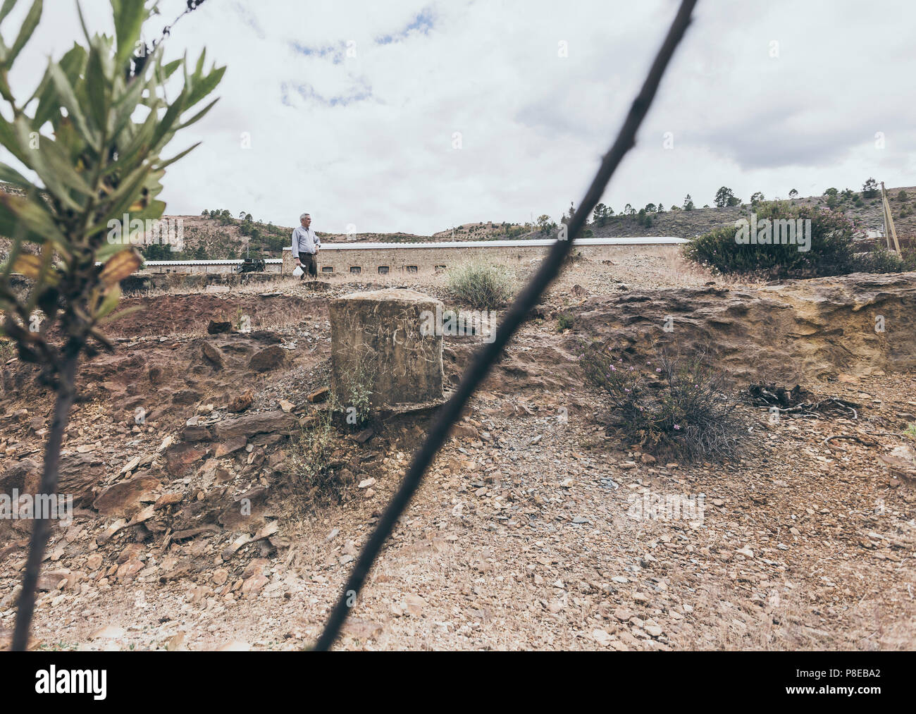 Old man standing looking at the landscape observed among the plants in the Zaranda mines between the towns of Nerva and Riotinto, Spain Stock Photo