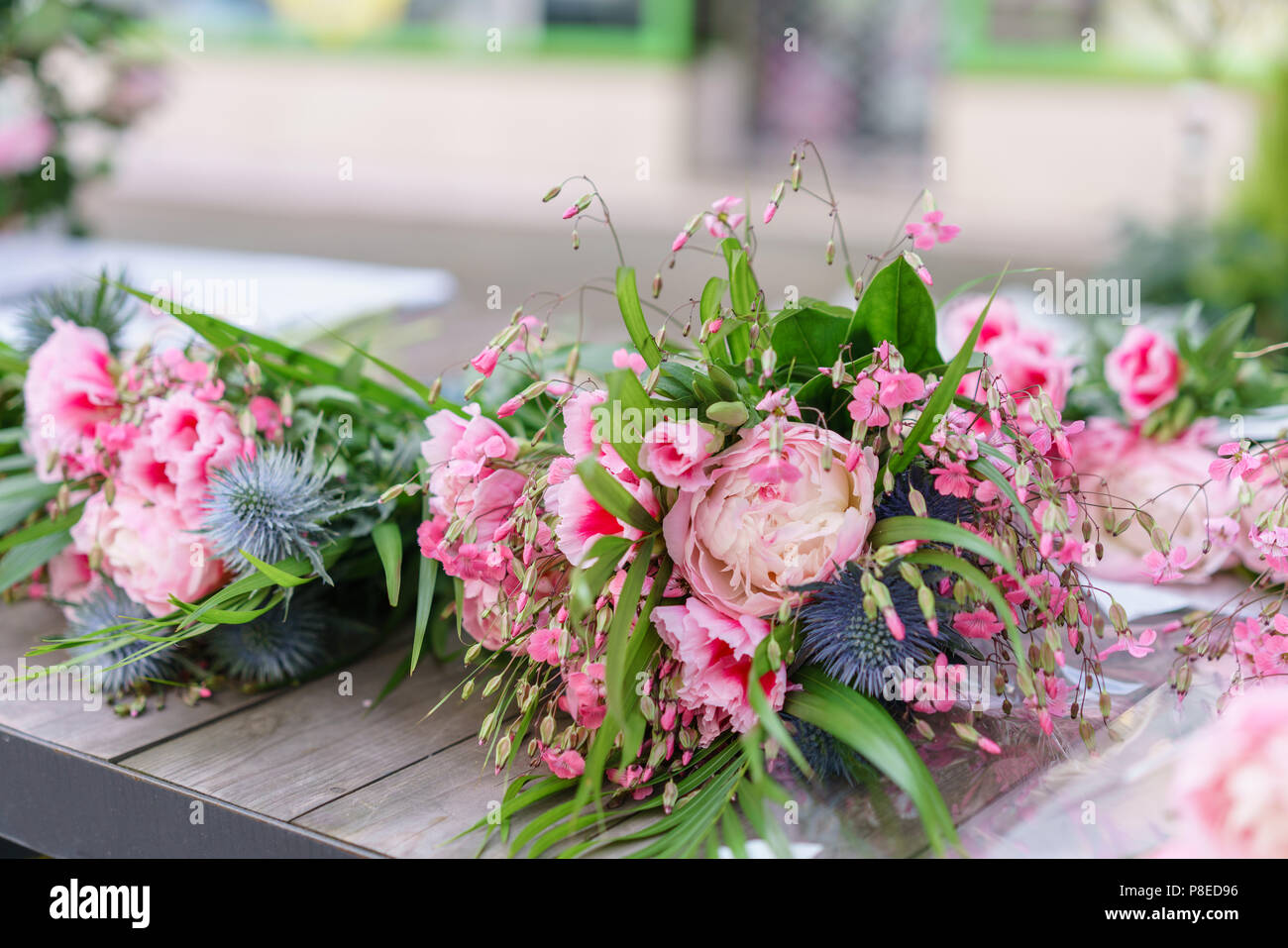beautiful bouquet in flower shop. outdoor working in flower shop