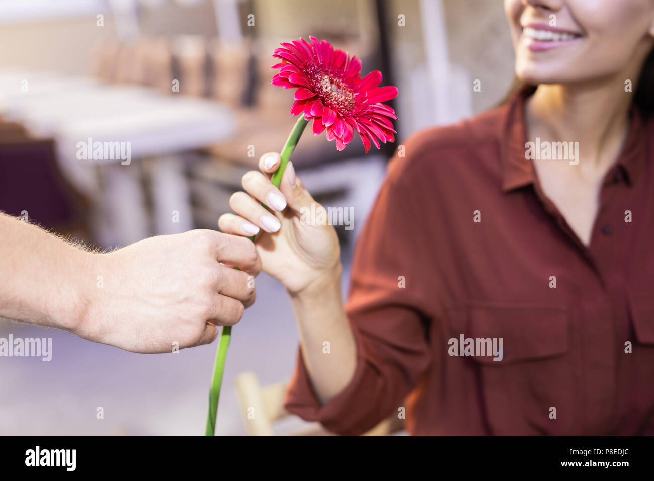 Young woman feeling contended while receiving flower Stock Photo