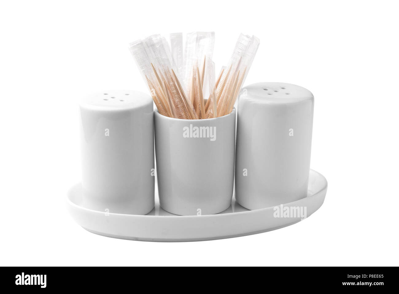 Salt, pepper, toothpicks on white background, isolated Stock Photo