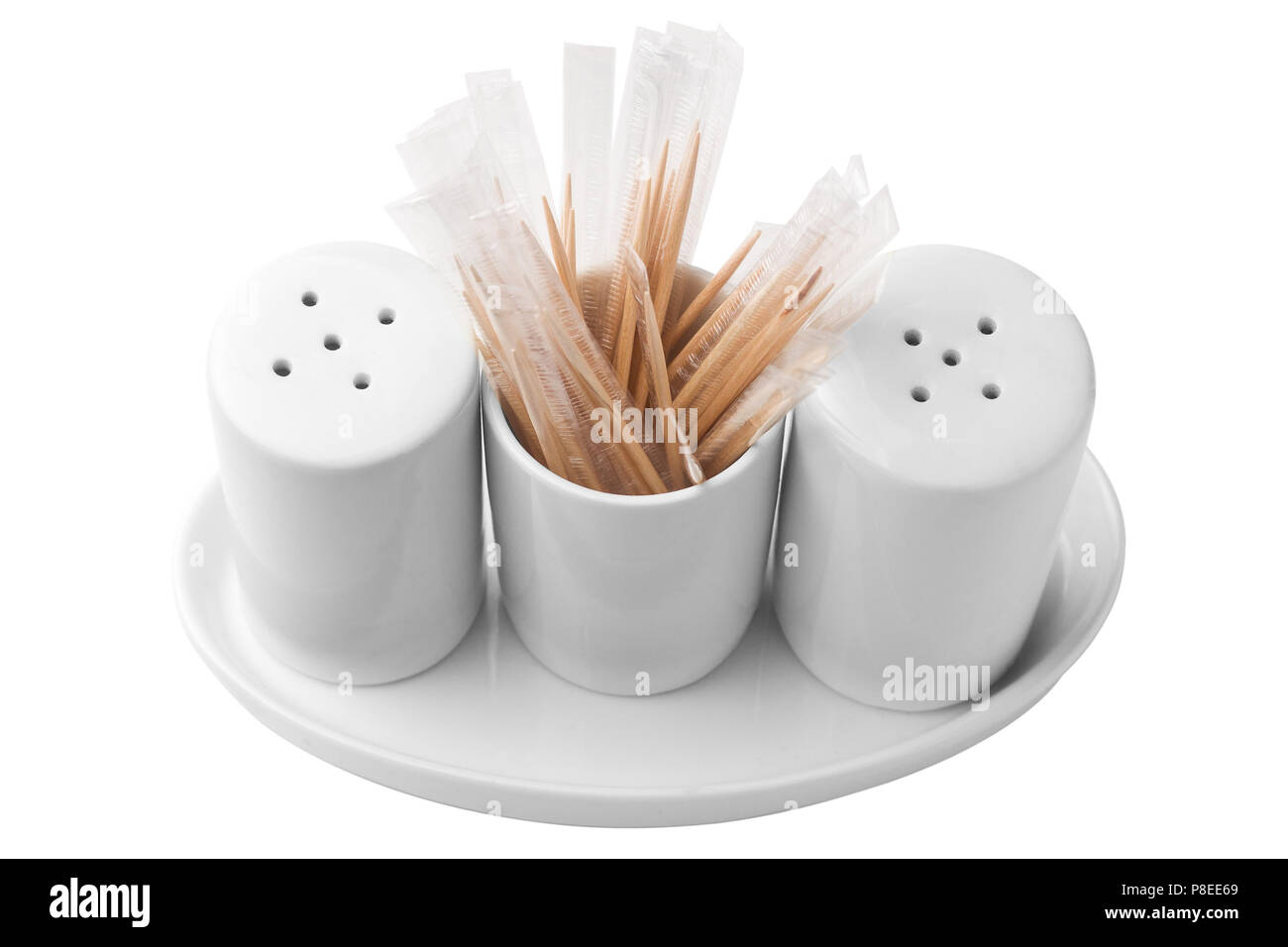 Salt, pepper, toothpicks on white background, isolated Stock Photo