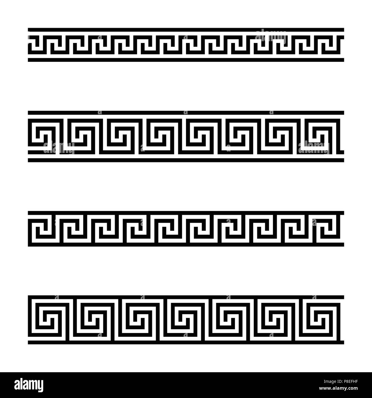 Seamless meander patterns on white background. Meandros, a decorative border, made of continuous lines, shaped into a repeated motif. Also Greek fret. Stock Photo