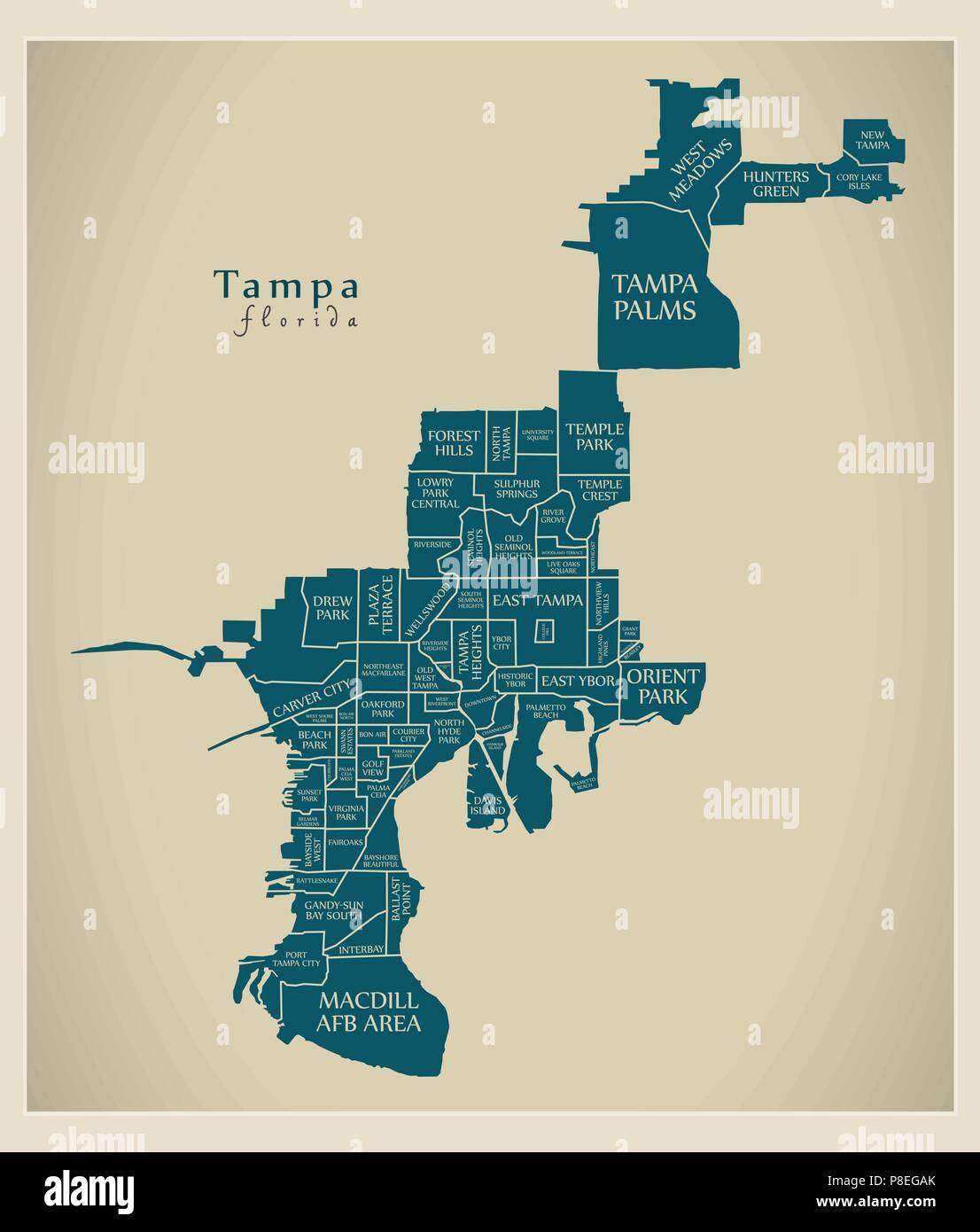 Modern City Map - Tampa Florida city of the USA with neighborhoods and titles Stock Vector