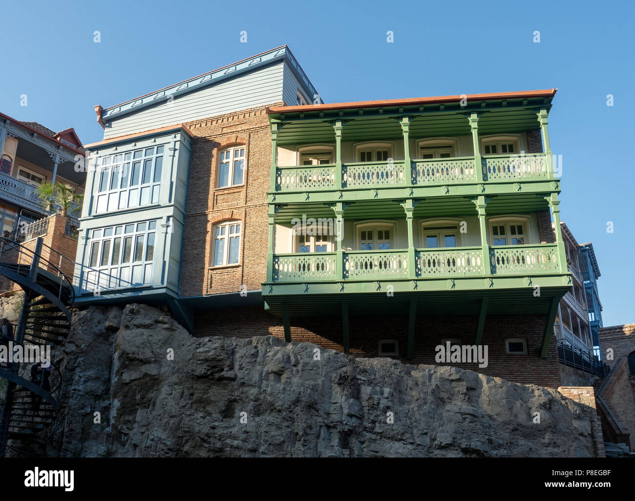 Traditional houses with wooden and wrought iron balconies, Tbilisi, Georgia Stock Photo