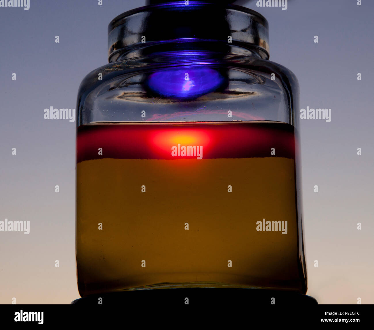 UV light generates fluorescence in the chlorophyll in the oil, which
