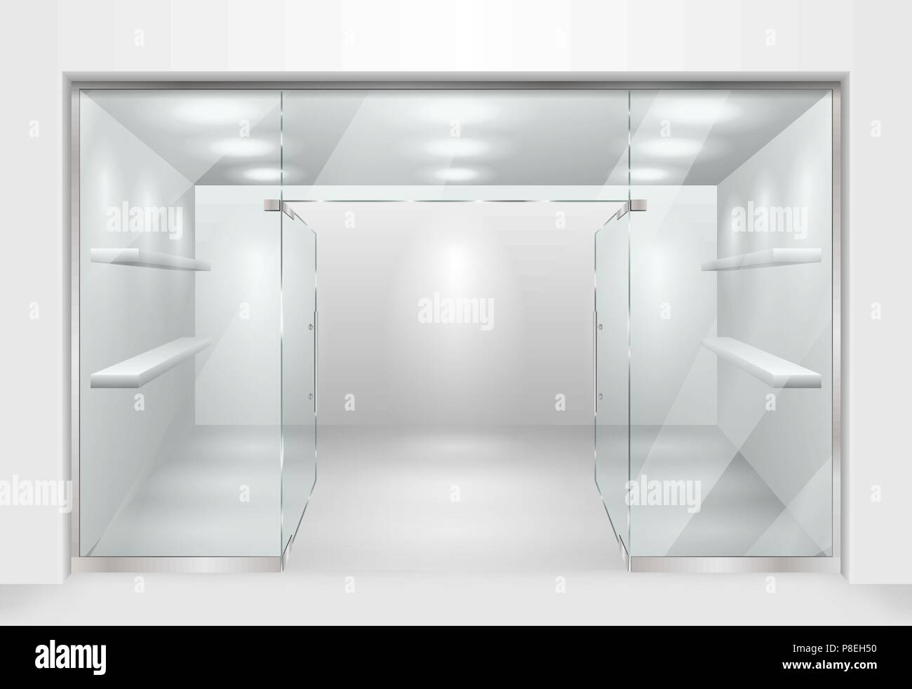 Template for Glass showcase or boutique. store front facade with window showcase. Design of exhibition stand or empty shop exterior. Vector illustration Stock Vector