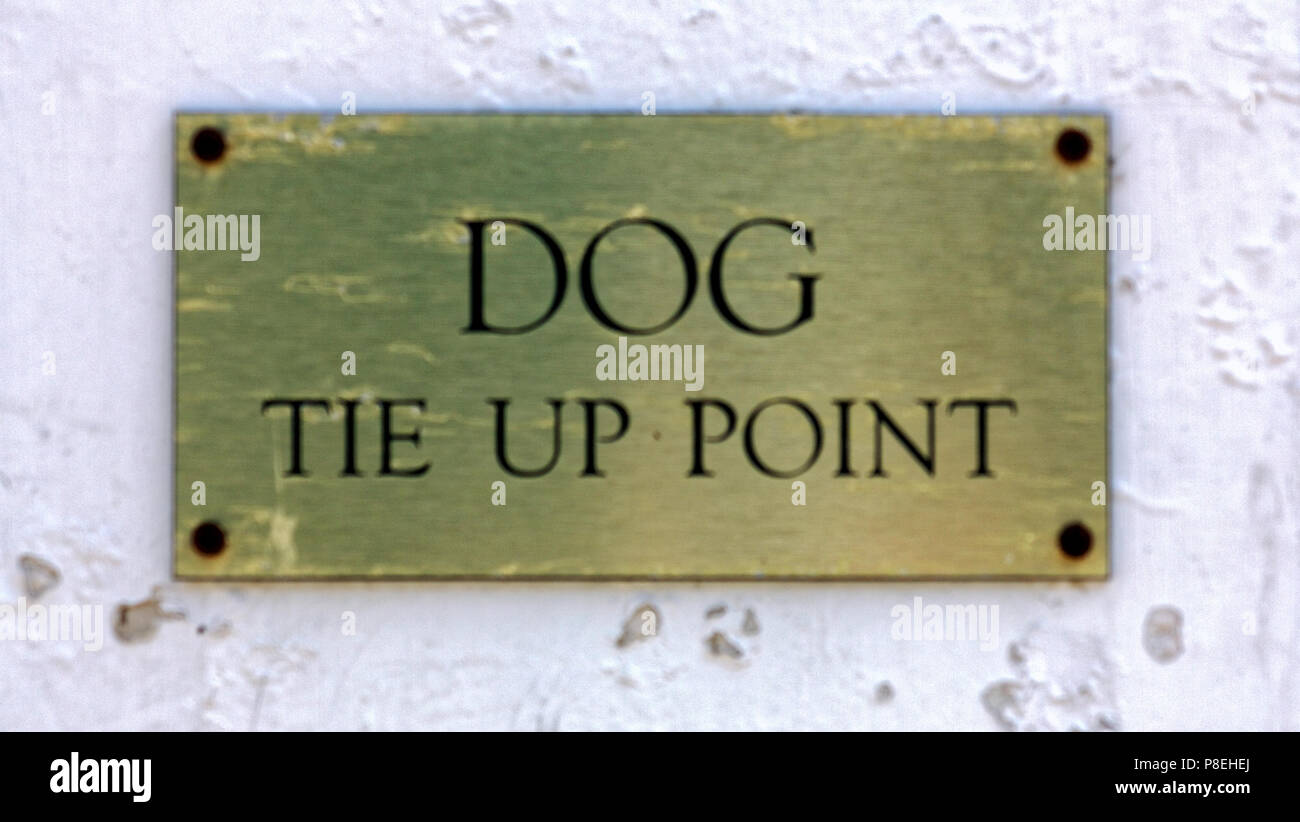 dog tie up point brass sign on a white wall Stock Photo