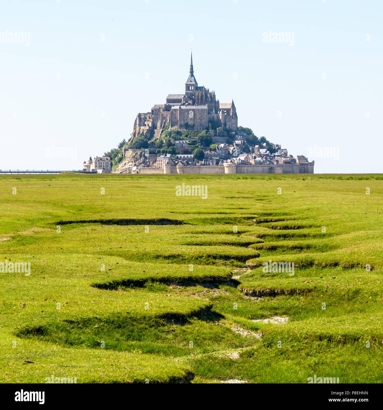 View of the Mont Saint-Michel tidal island in Brittany, France, with the dry bed of a stream snaking in the salt meadow in the foreground. Stock Photo