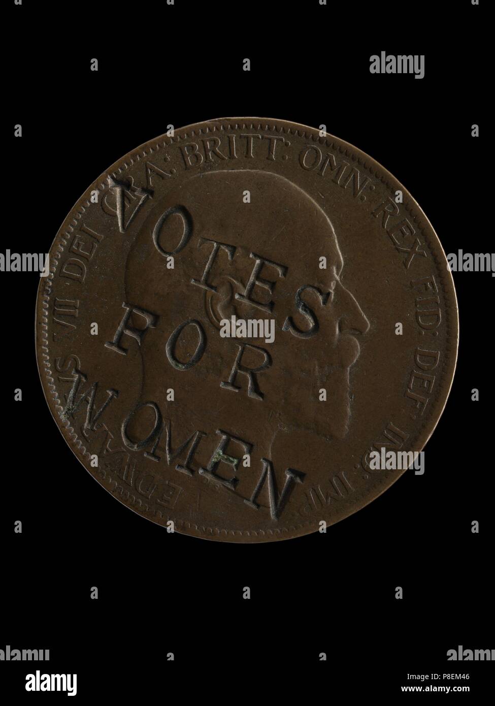 The Suffragette Penny with the slogan 'Votes for Women' over the portrait of King Edward VII. Museum: PRIVATE COLLECTION. Stock Photo