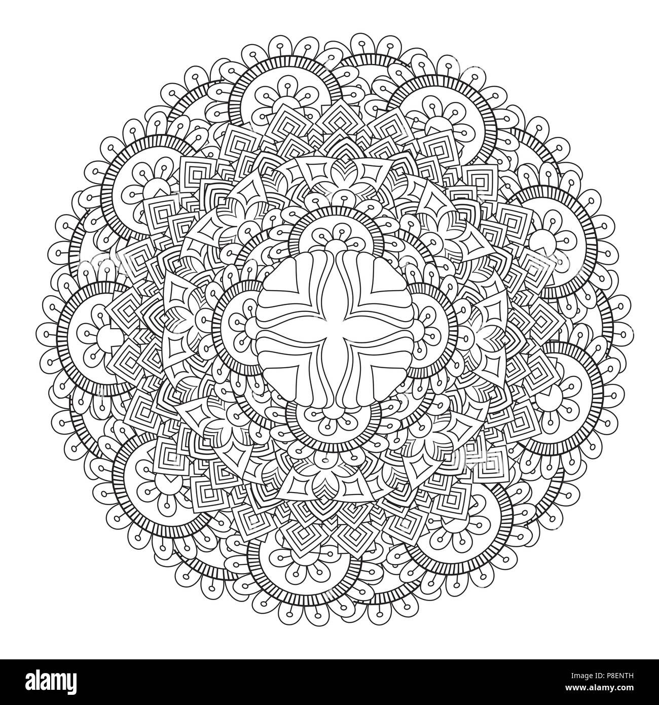 Flower Mandala vector illustration. Oriental pattern, vintage decorative elements. Islam, Arabic, Indian, moroccan, turkish ottoman motifs Coloring page Stock Vector