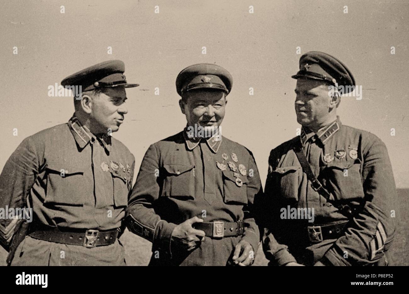 Grigori Shtern, Khorloogiin Choibalsan and Georgy Zhukov at Khalkhin Gol. Museum: Russian State Film and Photo Archive, Krasnogorsk. Stock Photo