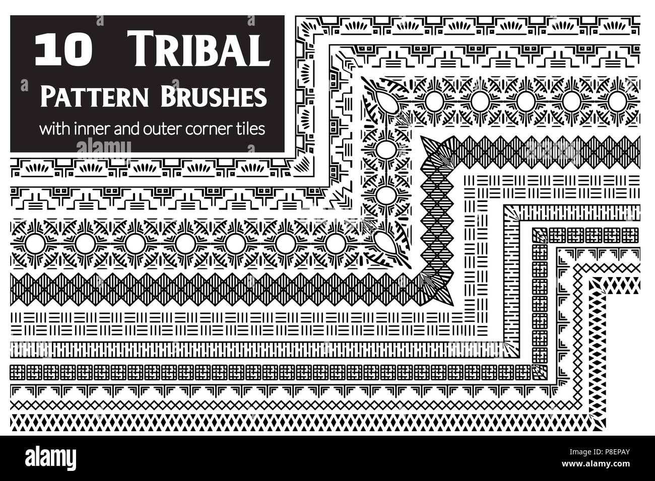 Tribal, ethnic vector pattern brushes with inner and outer corner tiles. Perfect for creating design elements, geometric ornament, frames, borders and more. All used brushes included in brush palette. Stock Vector