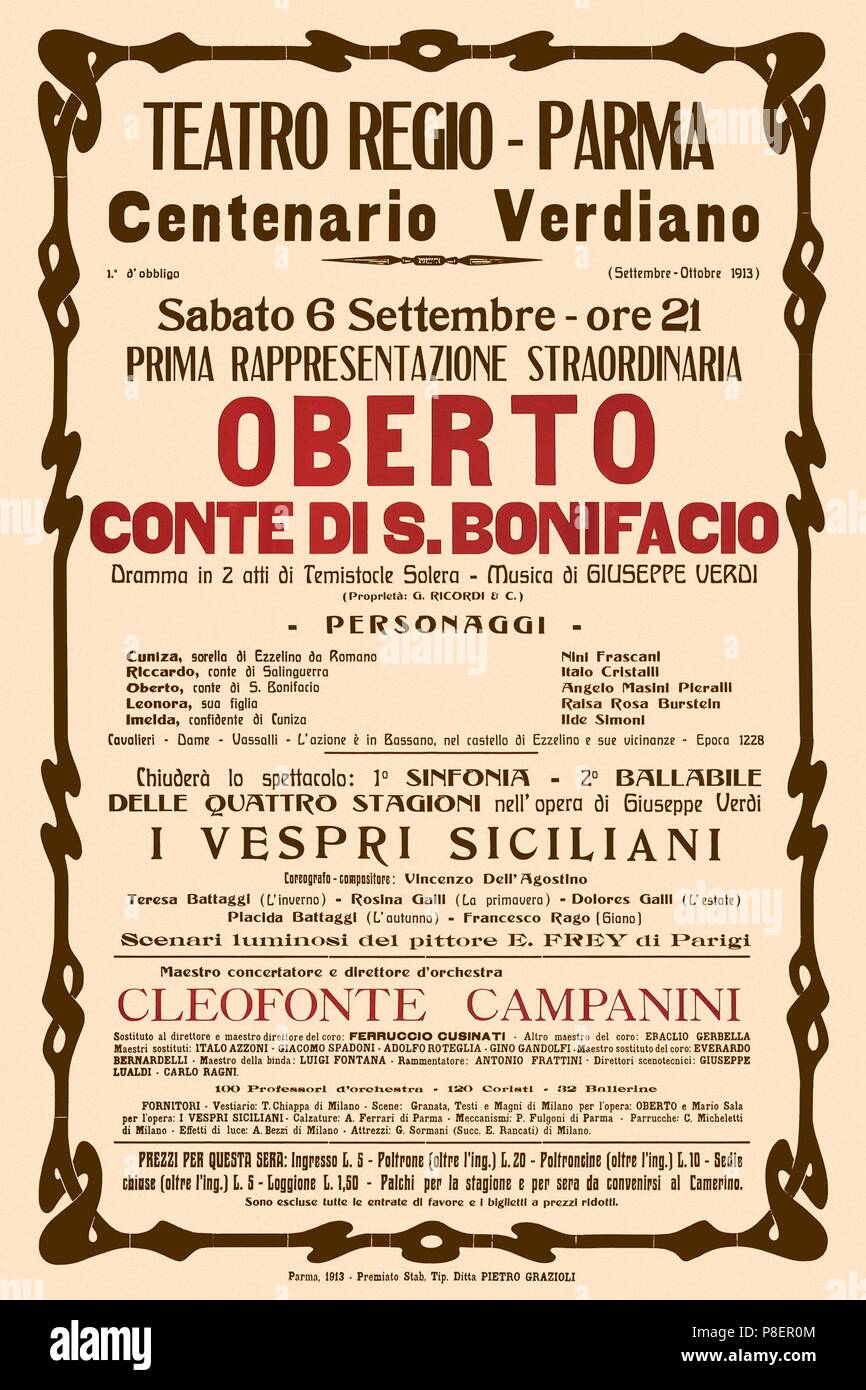 Poster for the opera Oberto conte di San Bonifacio by Giuseppe Verdi in Teatro Regio di Parma. Museum: Casa della Musica, Parma. Stock Photo