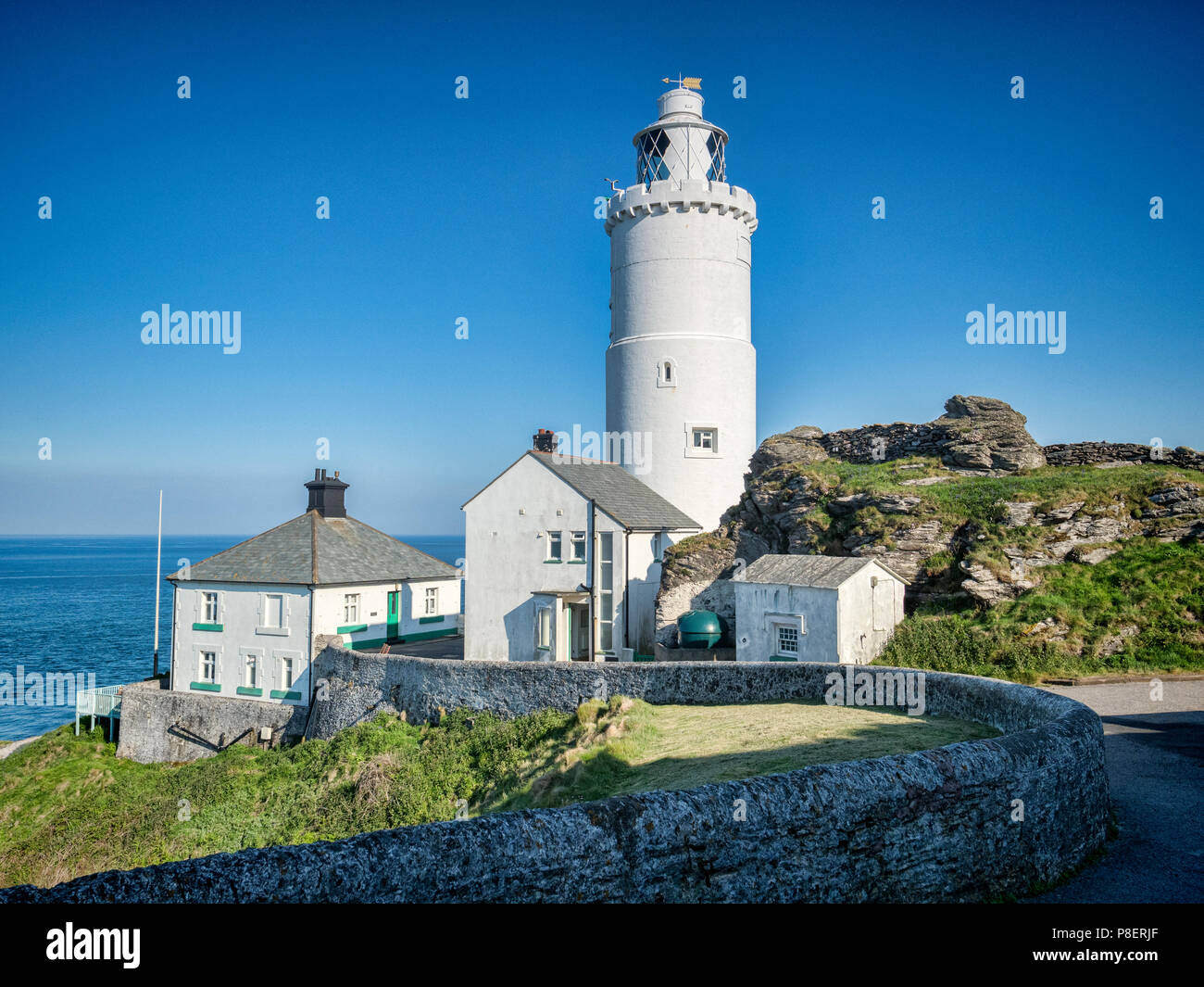 Start Point Lighthouse and Lighthouse Keepers Cottages, Devon, England, UK Stock Photo