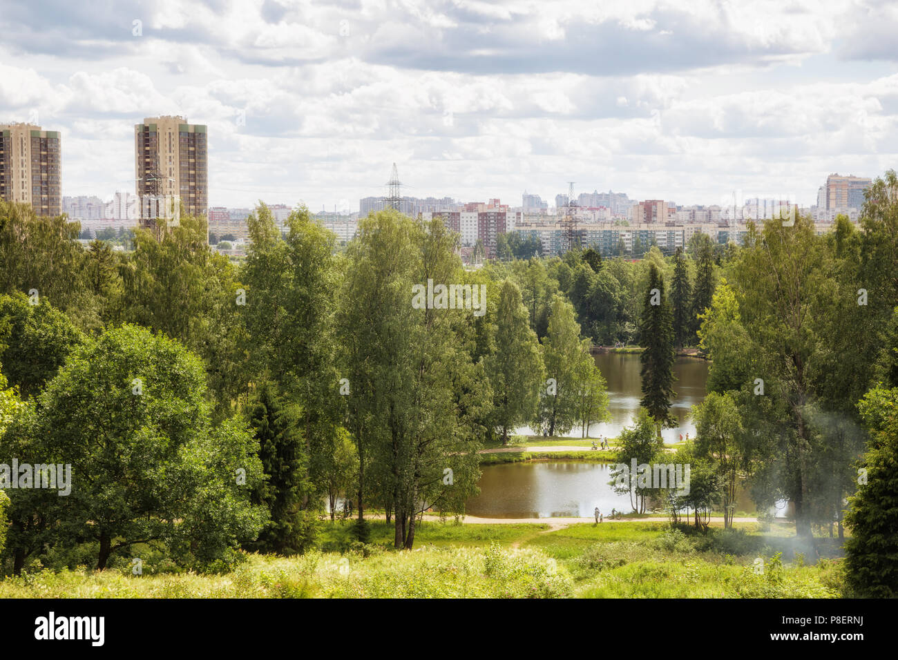 Shuvalovsky Park on outskirts of St. Petersburg. View from Parnassus Hill to ponds of Napoleon's Hat and Napoleon's Shirt and residential quarters Stock Photo