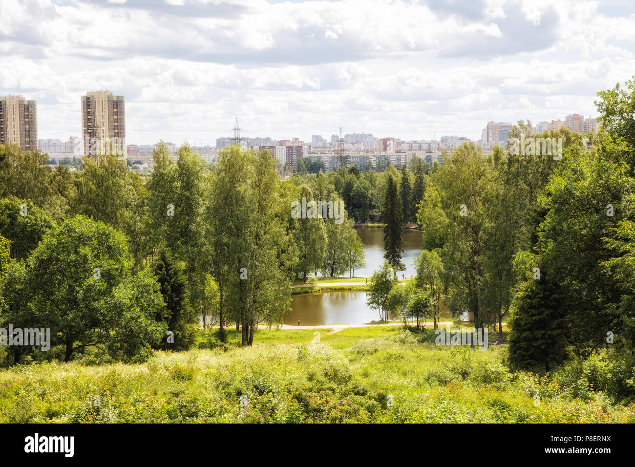 Shuvalovsky Park on outskirts of Saint-Petersburg. View from Parnassus Hill to ponds of Napoleon's Hat and Napoleon's Shirt and residential quarters Stock Photo