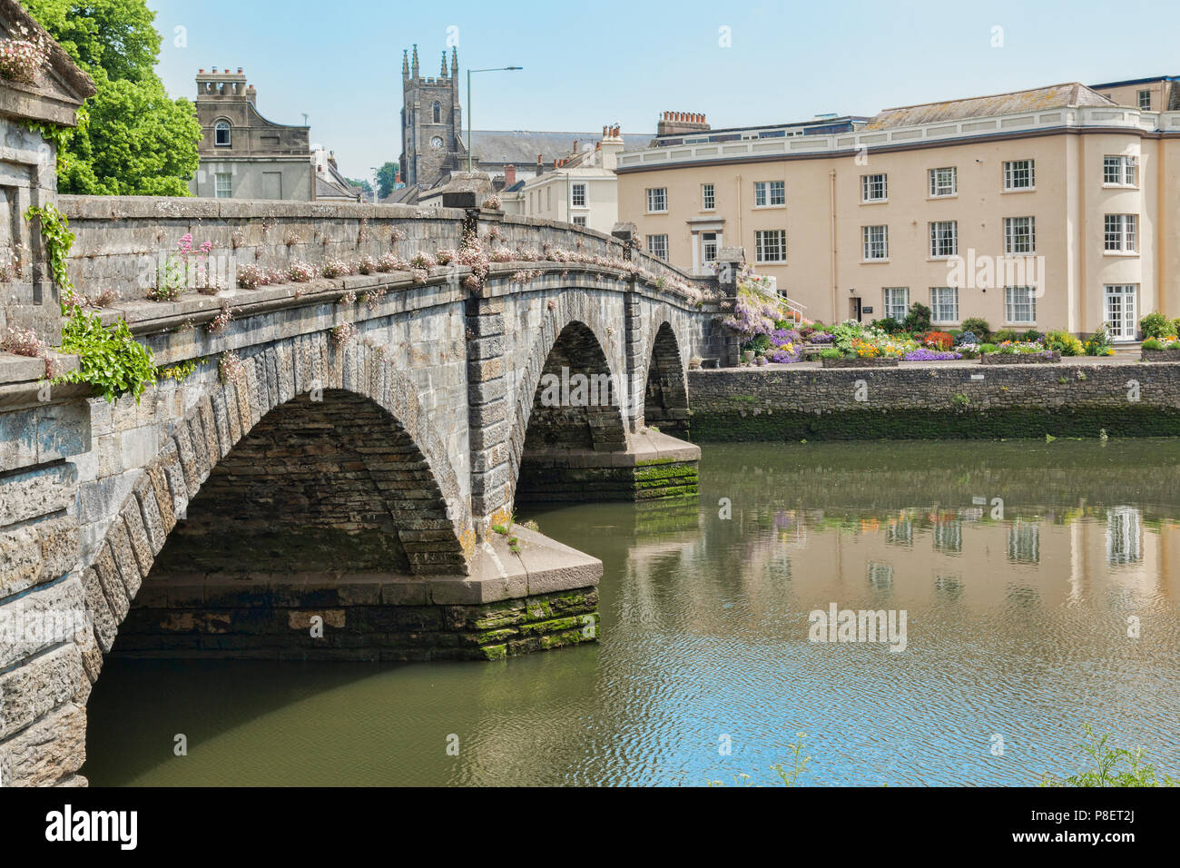 Totnes Bridge and the River Dart on a bright spring day. Stock Photo