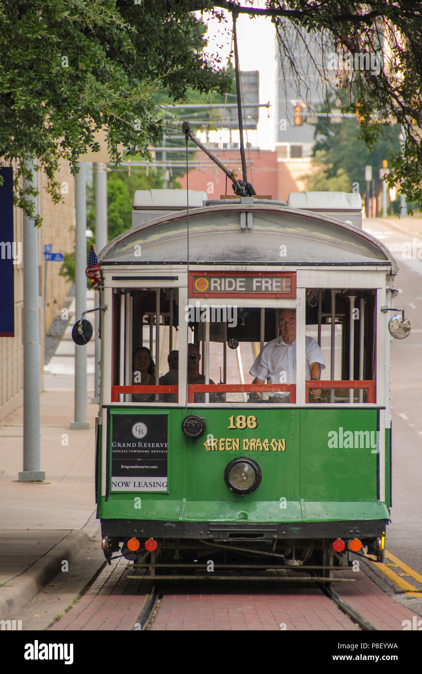 Head on view of one of the streetcars on the McKinney Avenue Trolley  transit system in Dallas, Texas. The M-Line trolley is free to ride Stock  Photo - Alamy