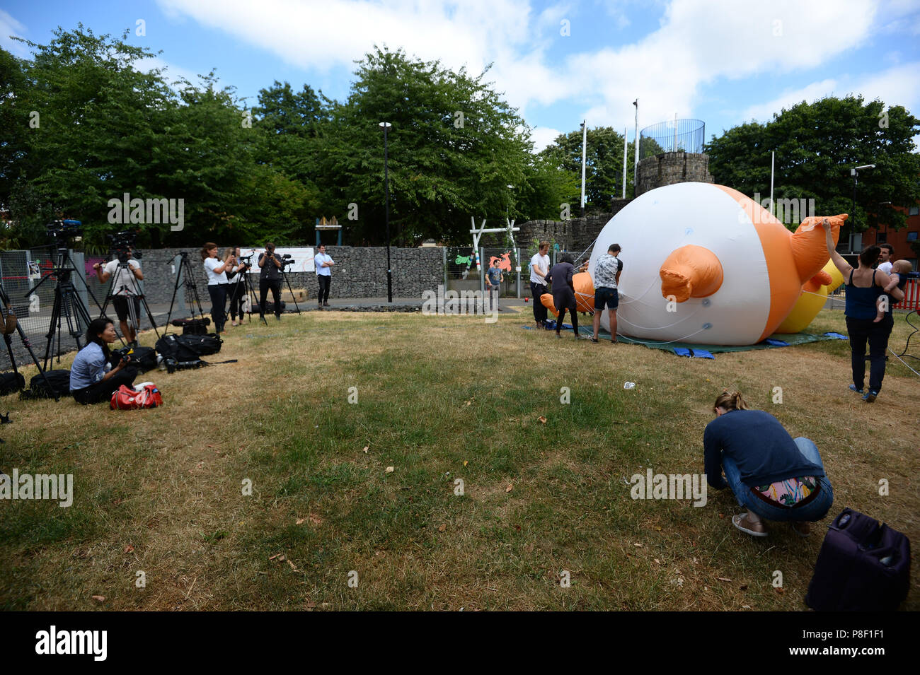 The Trump Baby Blimp is inflated during a practice test, at Bingfield Park in north London. Stock Photo