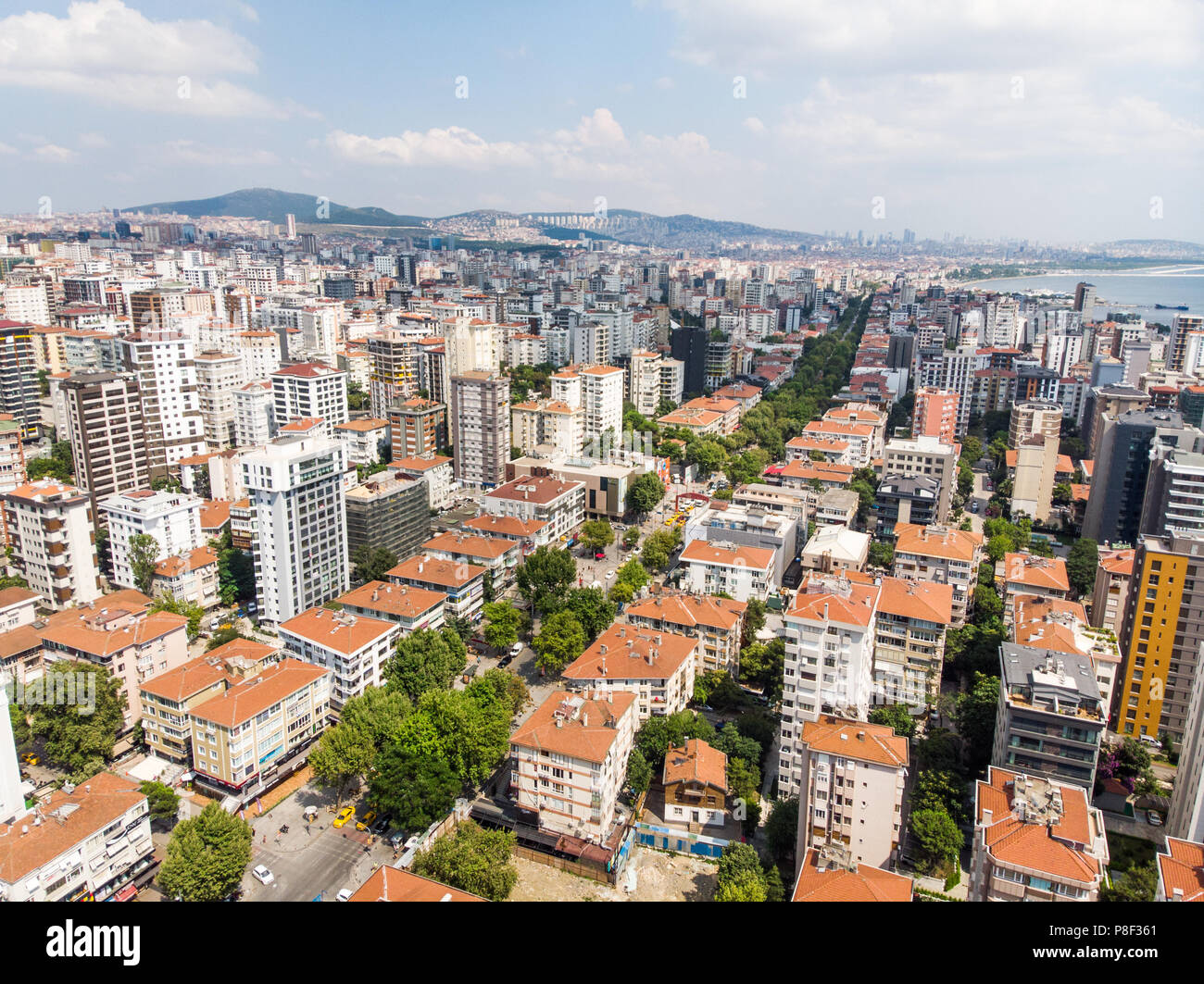 Aerial View of Bagdat Avenue (Turkish: Bagdat Caddesi) is a notable high street located on the Anatolian side, Istanbul. Cityscape Stock Photo