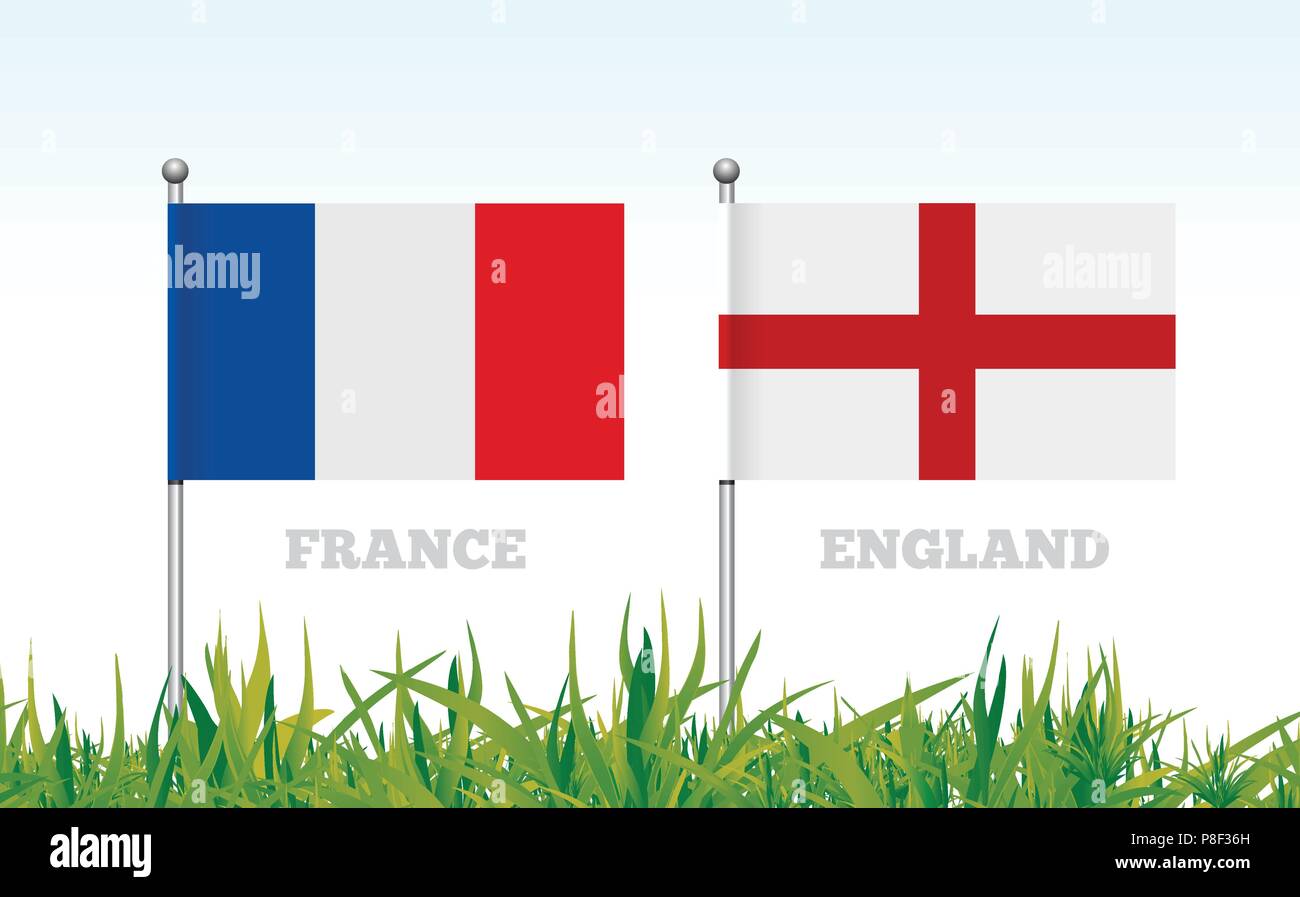 Flags of France and England against the backdrop of grass football stadium. Vector illustration Stock Vector