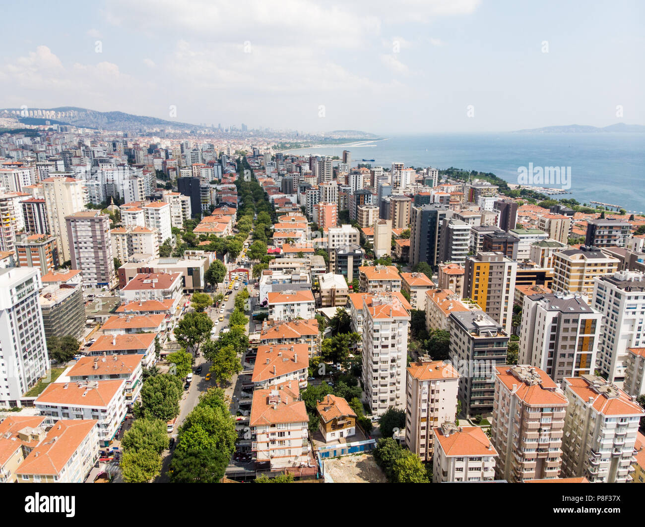 Aerial View of Bagdat Avenue (Turkish: Bagdat Caddesi) is a notable high street located on the Anatolian side, Istanbul. Cityscape Stock Photo