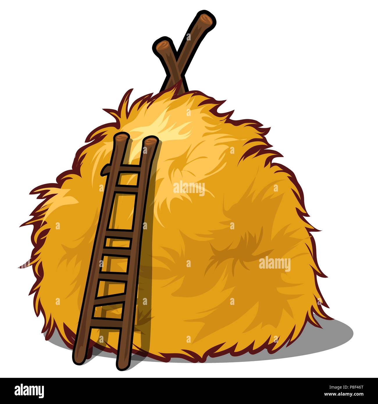 A haystack and a wooden ladder isolated on white background. A supply of feed for livestock, the object of agriculture. Vector illustration. Stock Vector