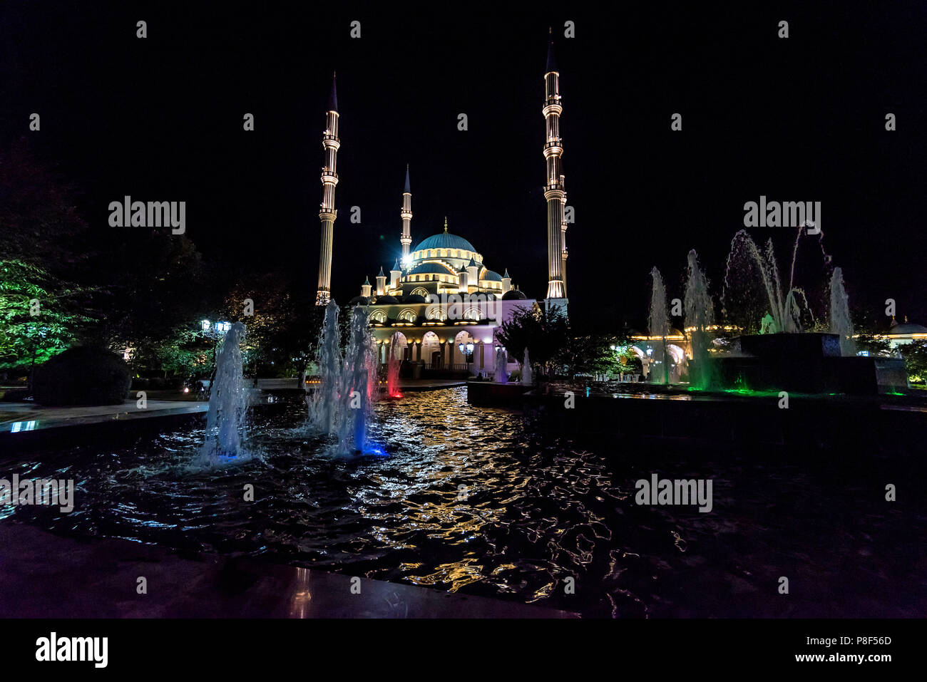 Evening view Akhmad Kadyrov Mosque, Grozny, Russia Stock Photo