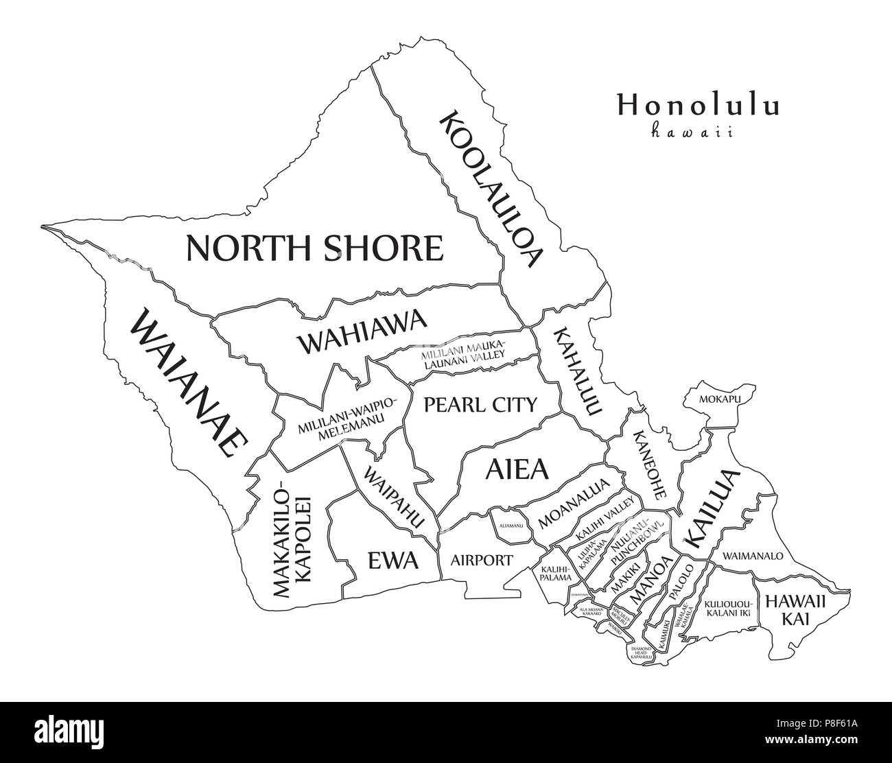 Modern City Map - Honolulu Hawaii city of the USA with neighborhoods and titles outline map Stock Vector