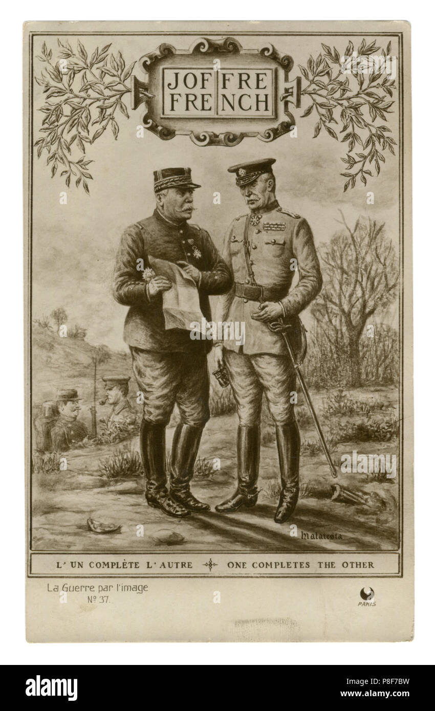 French historical postcard: One completes the other. Field Marshal John French and Joseph Joffre. Commander-in-chief of the allied armies. WWI 1914-18 Stock Photo