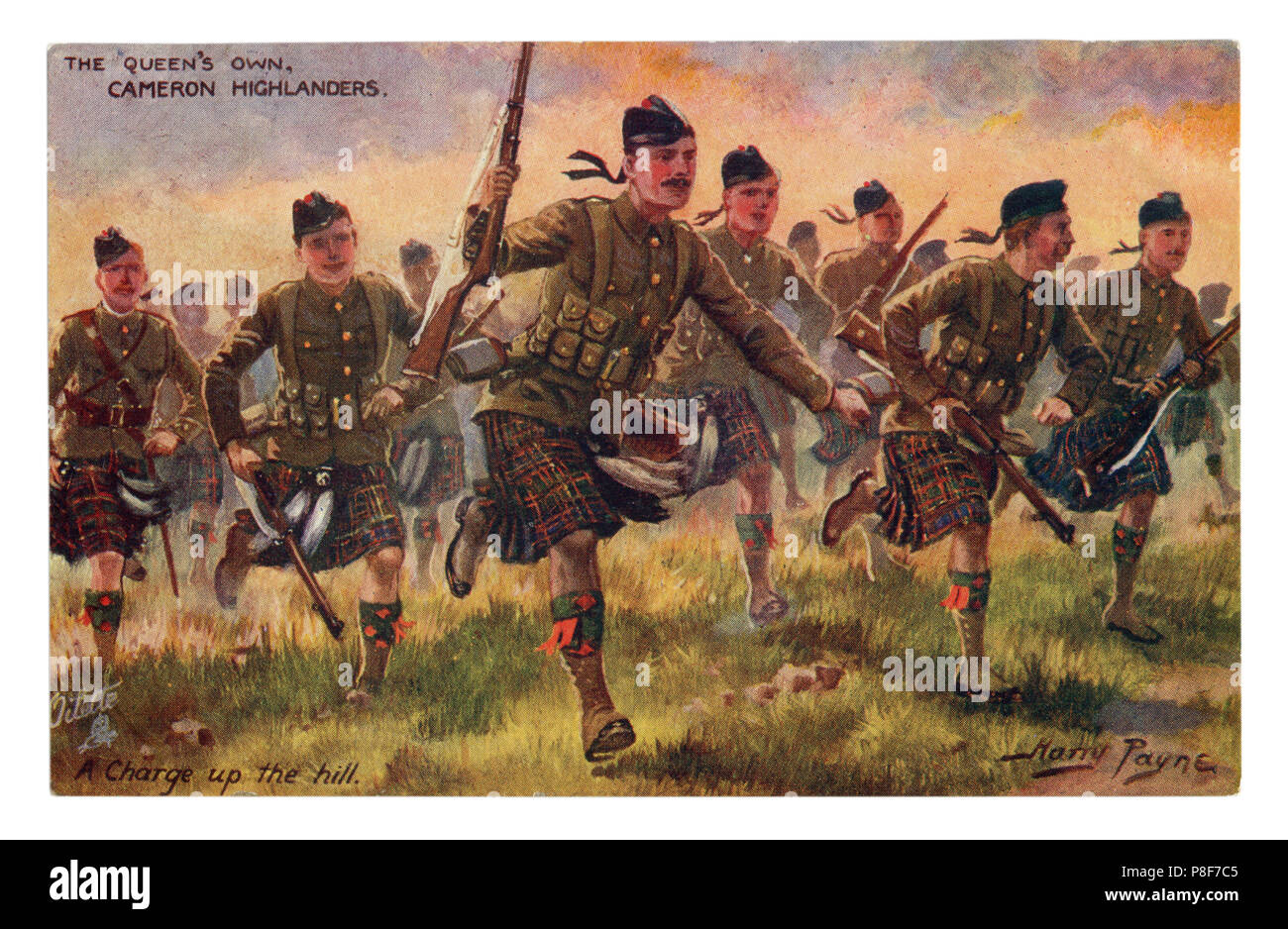 English historical postcard: The Queen's Own Cameron Highlanders. A charge up the hill. Into the attack. world war one 1914-1918. Scotland. England Stock Photo