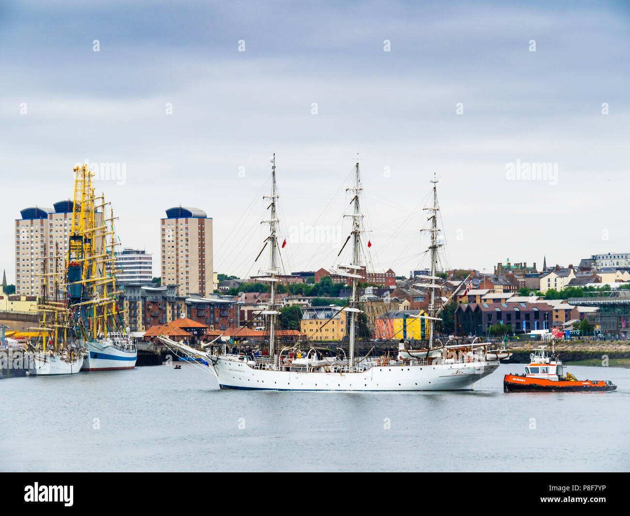 The Norwegian Full rigged three masted sail training ship Christian Radich arriving in Roker Harbour Sunderland for the Tall Ships Race 2018 Stock Photo