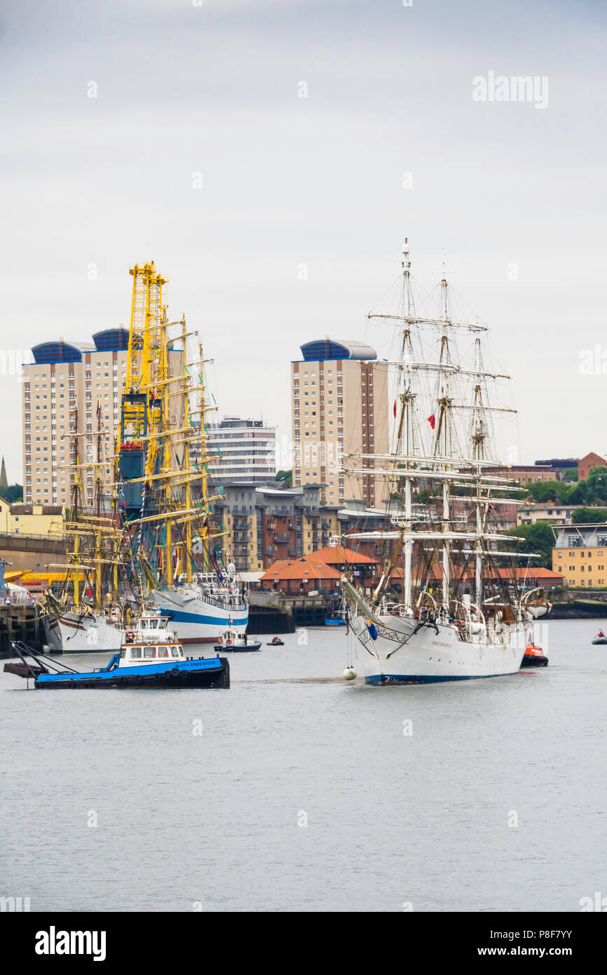 The Norwegian Full rigged three masted sail training ship Christian Radich arriving in Roker Harbour Sunderland for the Tall Ships Race 2018 Stock Photo