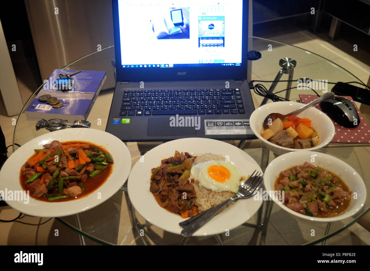 Thai People Preparing And Creative Fusion Food In Kitchen Room At