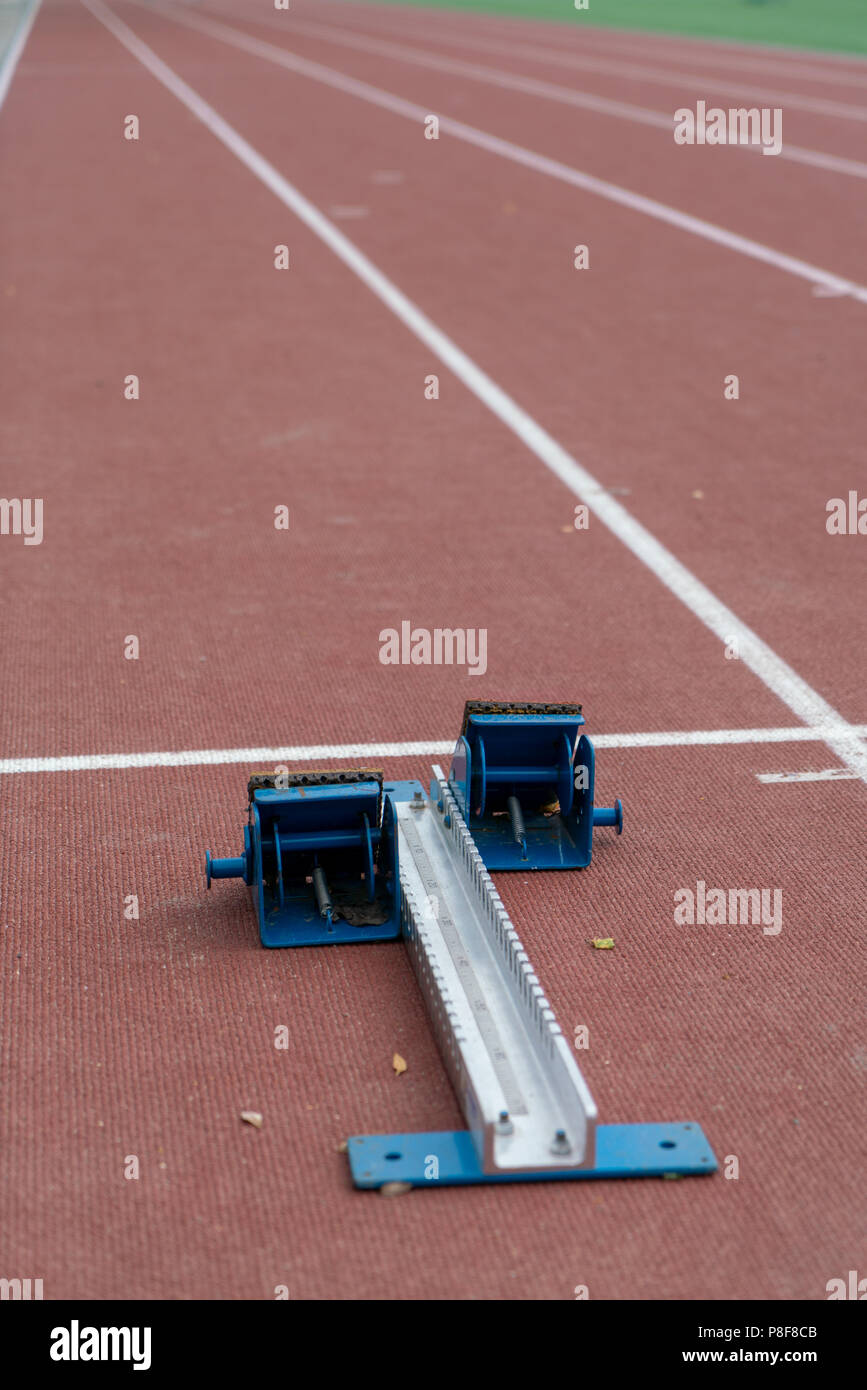 Starting block on running track Stock Photo Alamy