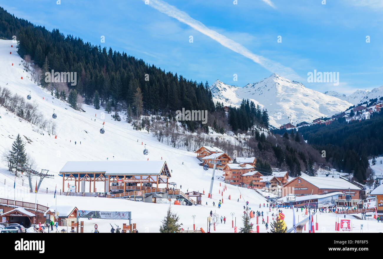 Meribel Ski Resort, Meribel Village Center (1450 m). Lower gondola station Tougnete1 and Rhodos. France Stock Photo