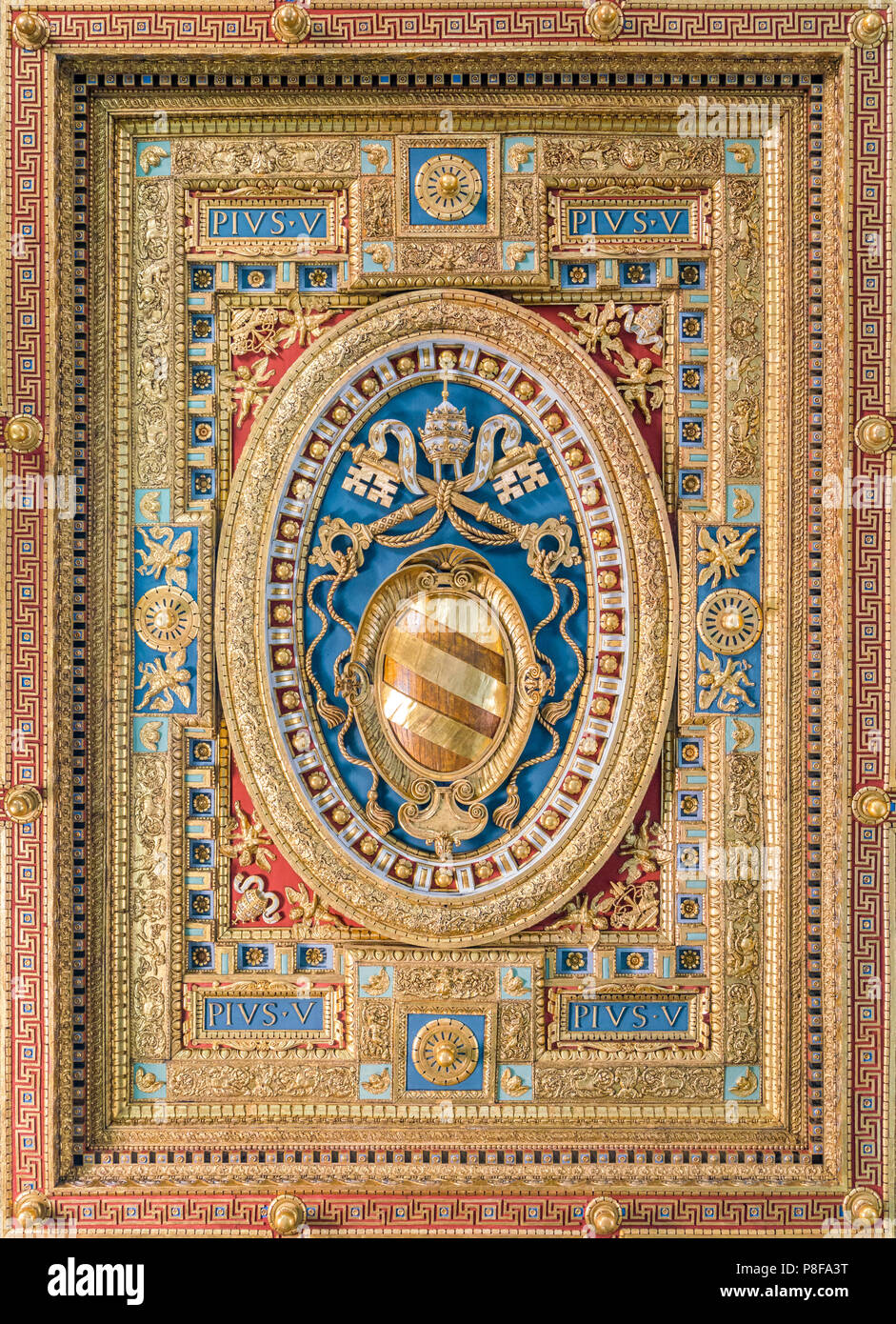 Pope Pius V coat of arms in the Basilica of Saint John Lateran in Rome. Stock Photo