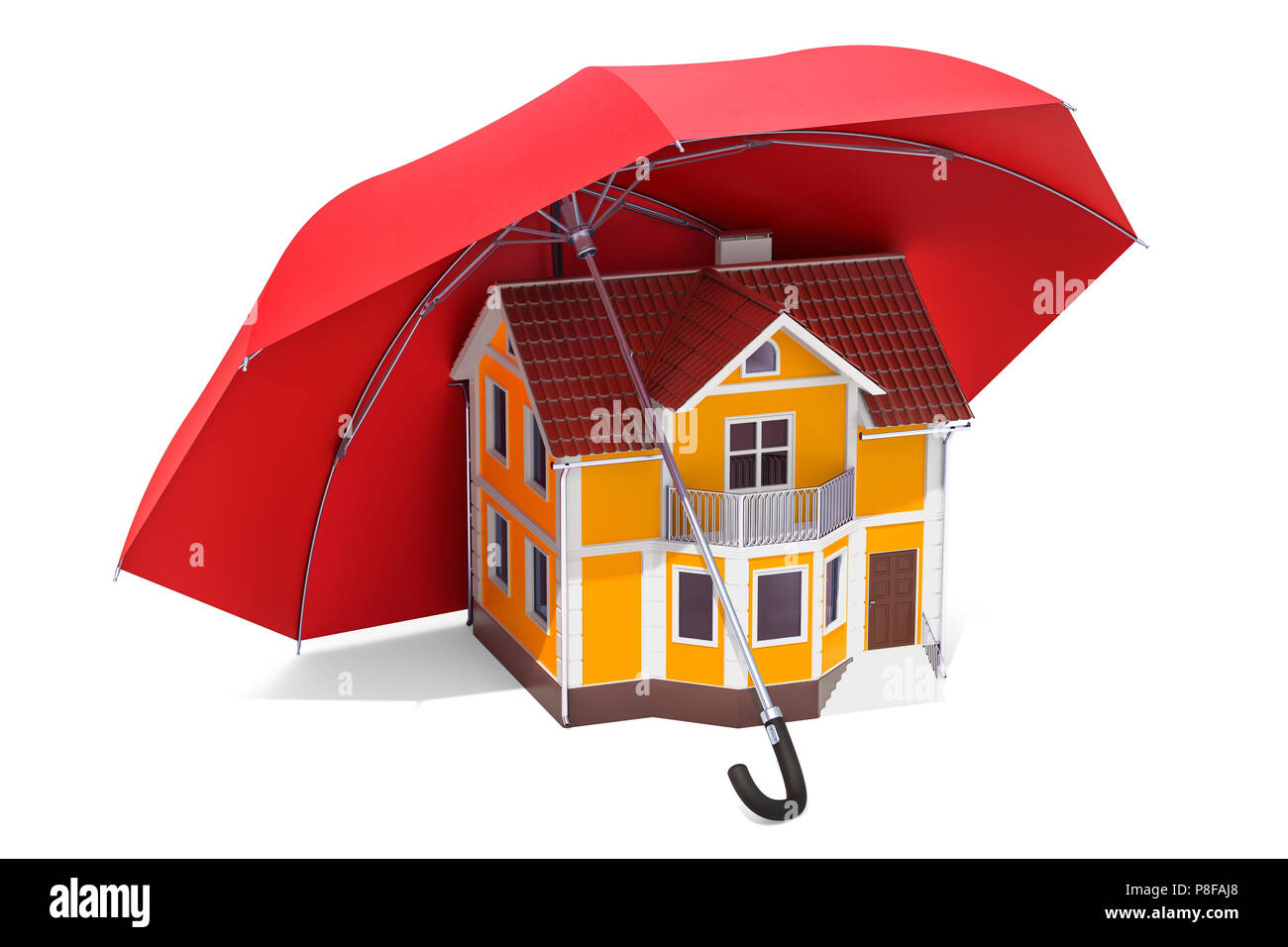 Home security and protection concept. House under umbrella, 3D rendering Stock Photo