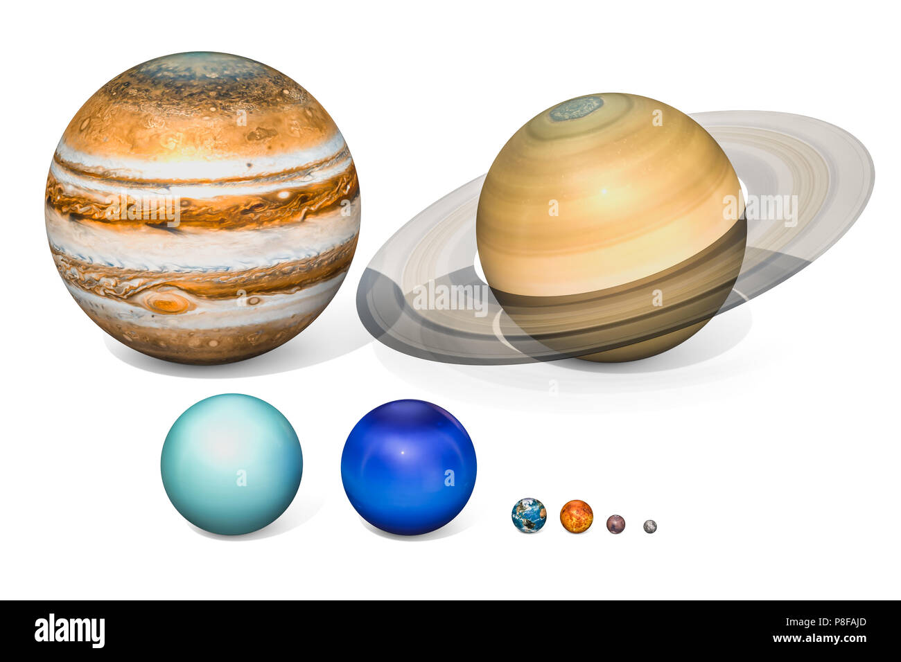 Planets of the solar system. Jupiter, Saturn, Uranus, Neptuno, Earth, Venus, Mars, Mercury. 3D rendering isolated on white background Stock Photo