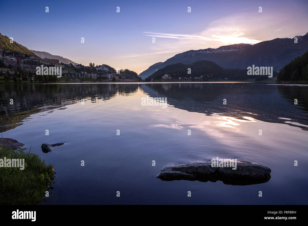 Saint Moritz lake at sunrise, Maloja, Grisons, Switzerland Stock Photo