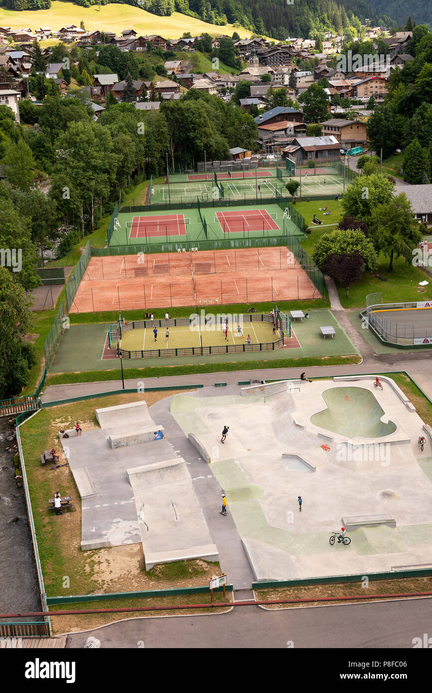 An Aerial View of the Tennis and Badminton Courts with the Skatepark in Central Morzine Haute-Savoie Portes du Soleil French Alps France Stock Photo