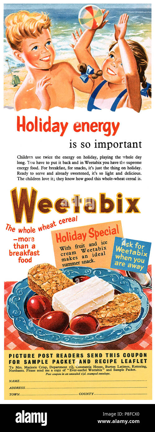 picture Weetabix Cereal Recipes https www alamy com 1953 british advertisement for weetabix breakfast cereal image211781080 html
