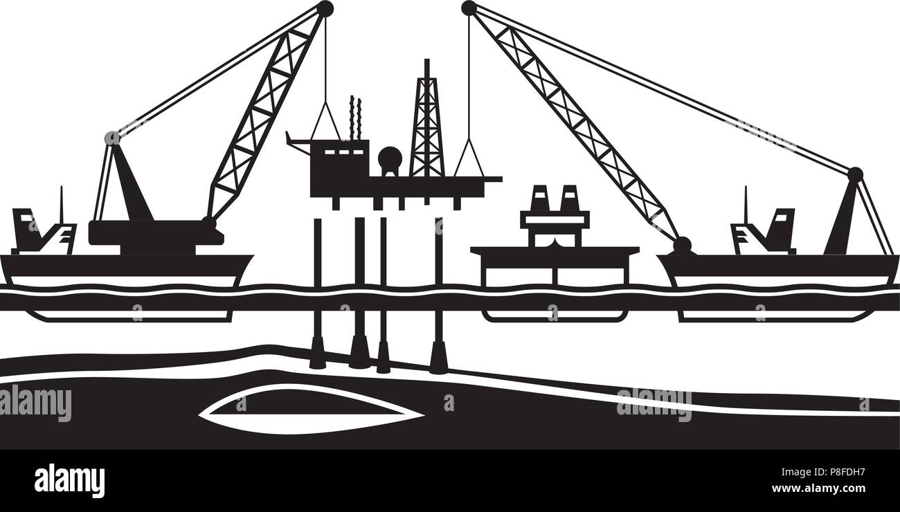 Floating crane mounting oil rig in the sea - vector illustration Stock Vector