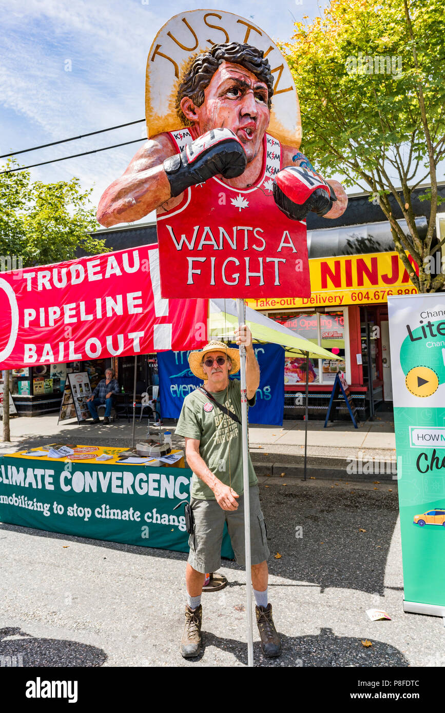 Anti Justin Trudeau Kinder Morgan Pipeline booth, Car Free Day, Commercial Drive, Vancouver, British Columbia, Canada. Stock Photo
