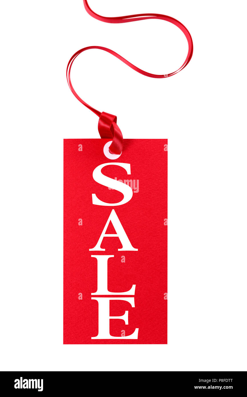 Sale price tag with red ribbon isolated on white Stock Photo Alamy